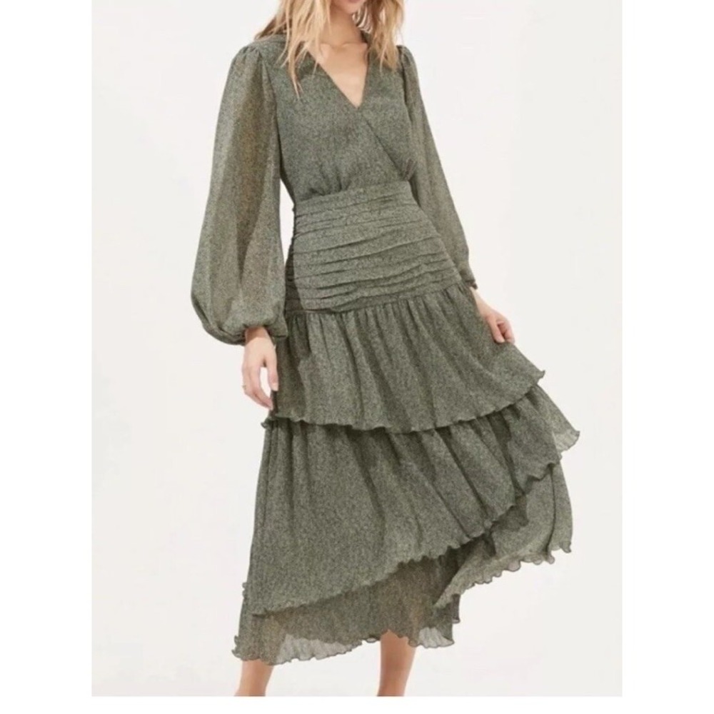 ASTR THE LABEL Women Size M Long Sleeve Ruched Ruffle Midi Dress Green V- Neck